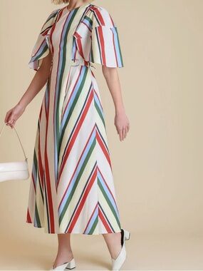 GEORGETTE POPLIN STRIPED CAPE SLEEVE DEESS MULTI - M